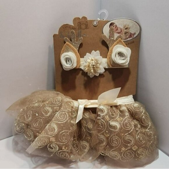 So'Dorable 2 Piece Holiday Photo Op  Infant Tutu 0-12 Months Brown Cream & Gold - Picture 2 of 9